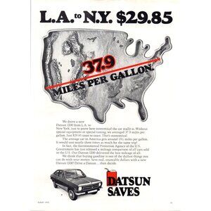 1973 Datsun 1200 2 Door Coupe Vintage Print Ad Los Angeles to New York Wall Art